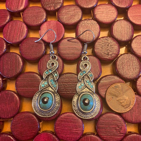 Hand painted turquoise and silver drop earrings - Picture 2 of 5